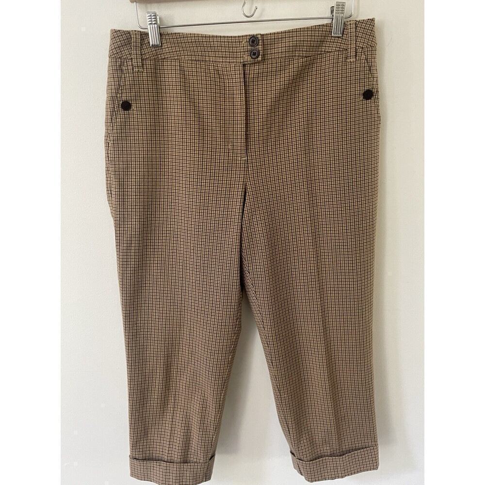 Talbots Womens Size 12 Preppy Brown Check Plaid Wide Leg Office Cropped Pants